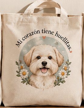 Tote bag con la frase Mi corazón tiene huellitas.