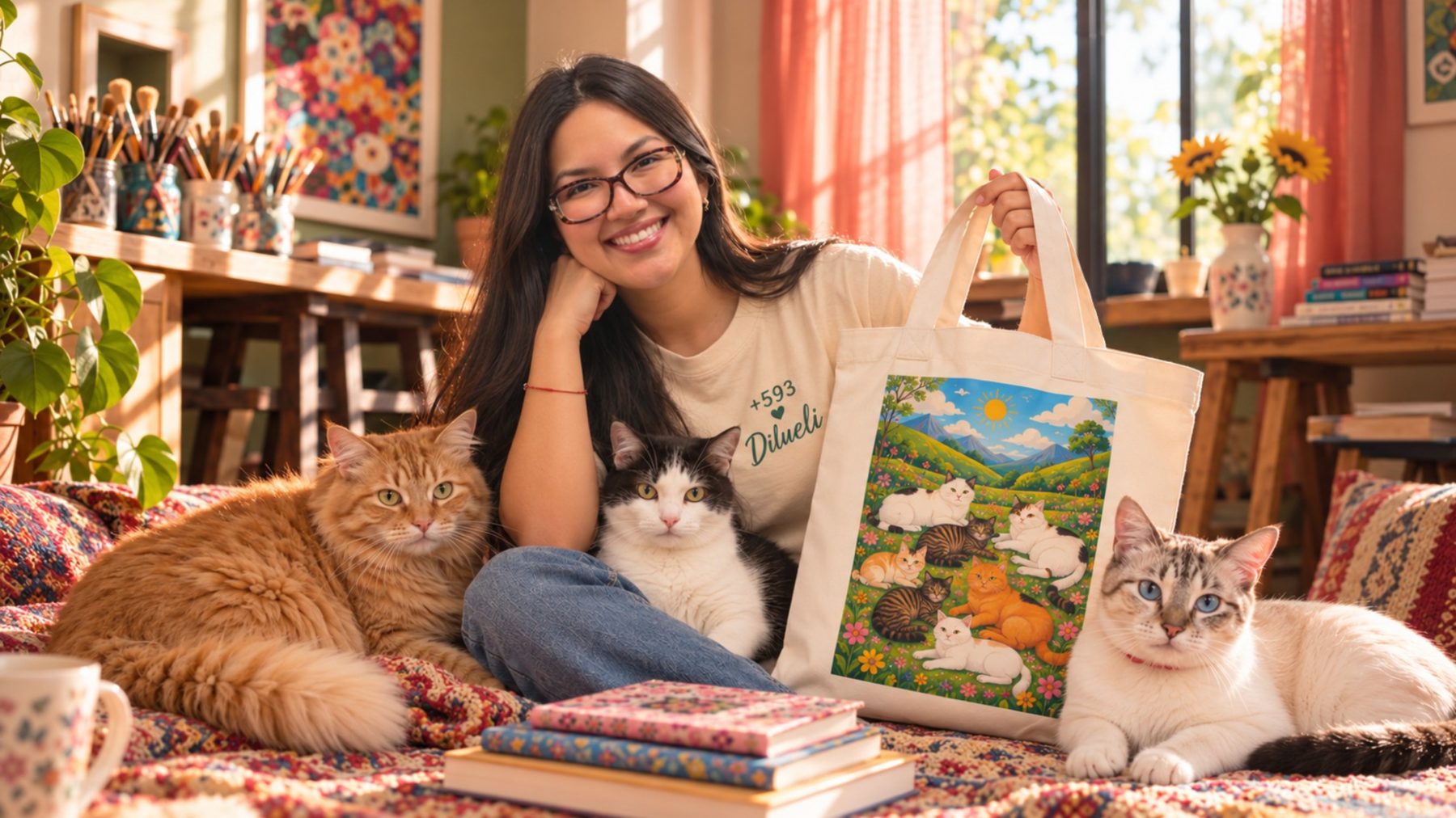 Lilibeth con sus mascotas y una tote bag Dilueli